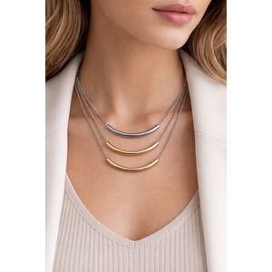 Minimalist Curved Bar Necklace – Mixed Metal Tone Layered‎ Design